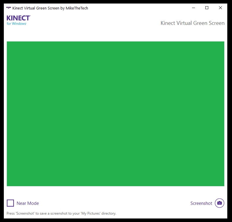 Kinect Virtual Green Screen window with a green output area and a Near Mode checkbox