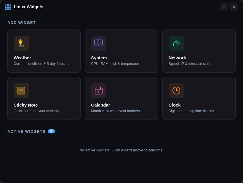 LinuxWidgets Widget Manager with six widget cards