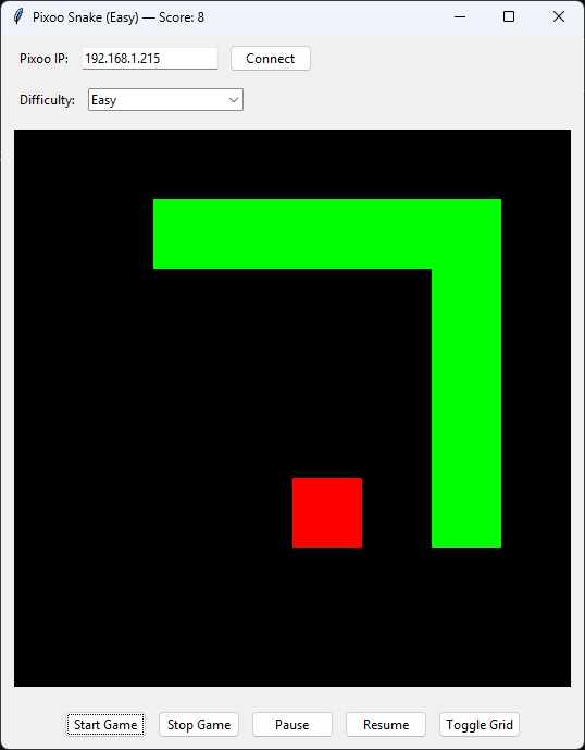 Pixoo Snake window on Easy with a large-block snake preview