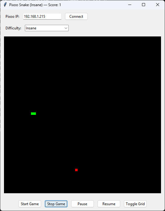 Pixoo Snake on Insane with single-pixel snake and food