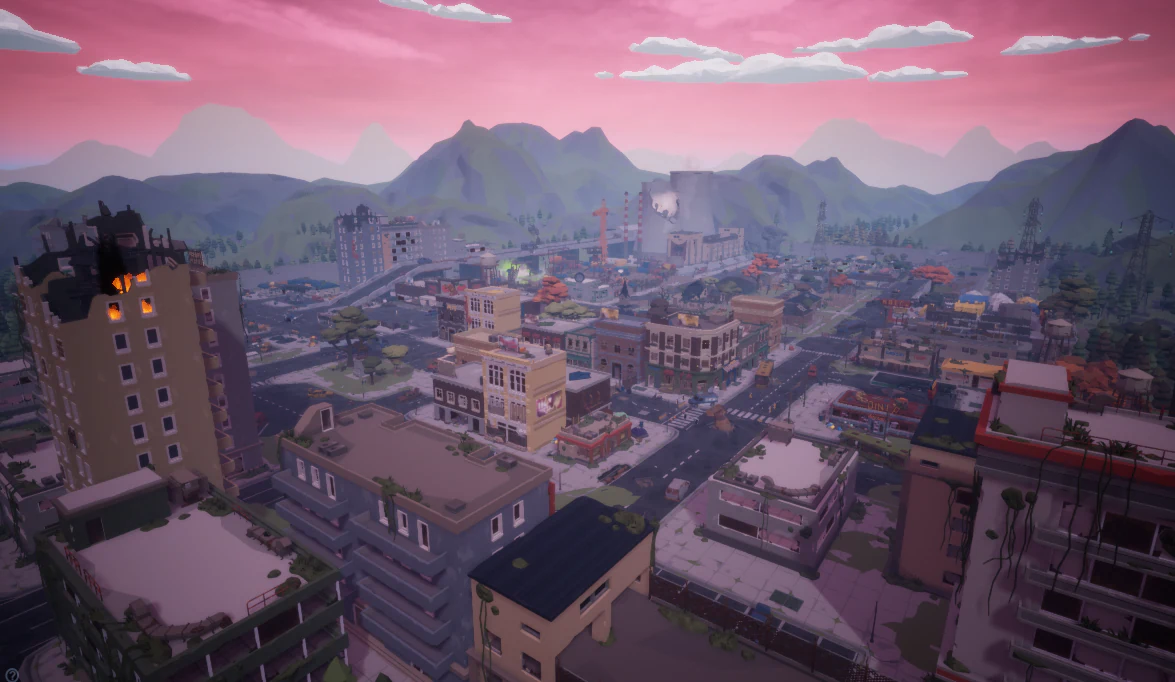 Low-poly city overview with a burning tower block and mountains