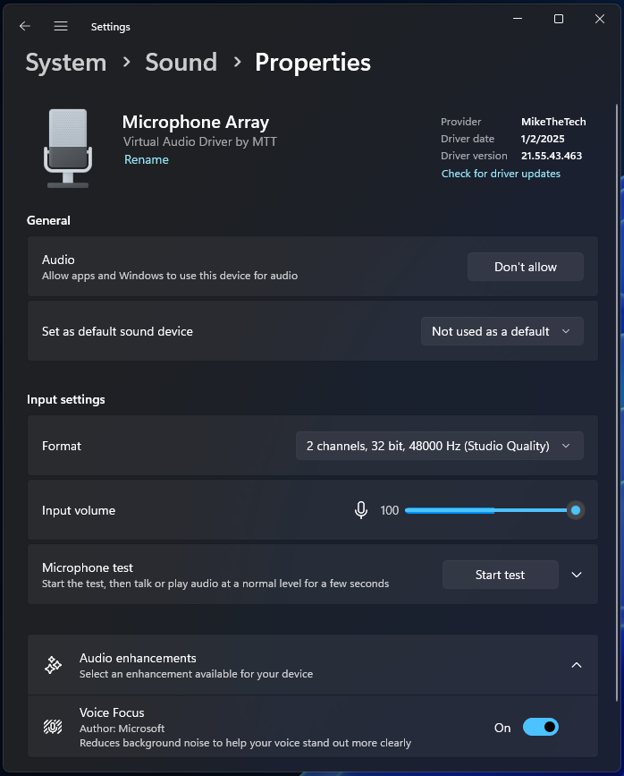 Windows 11 microphone properties for the Virtual Audio Driver with Voice Focus on