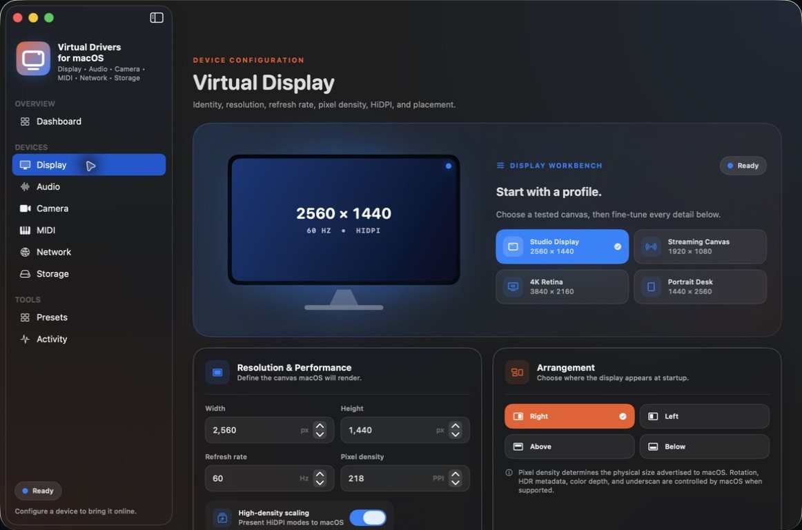 Virtual Display configuration page with a 2560 × 1440, 60 Hz HiDPI preview, four presets, resolution, refresh-rate and pixel-density fields, and placement buttons for right, left, above and below